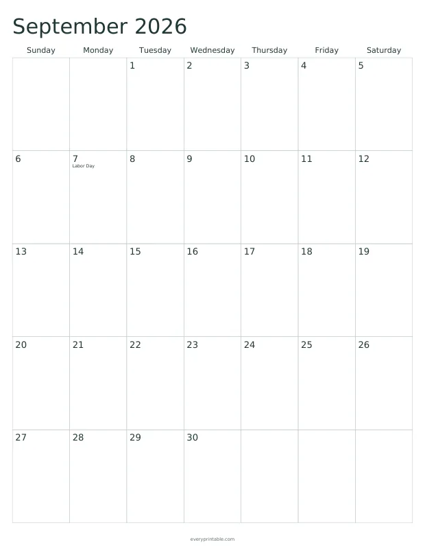 Printable September 2026 calendar page