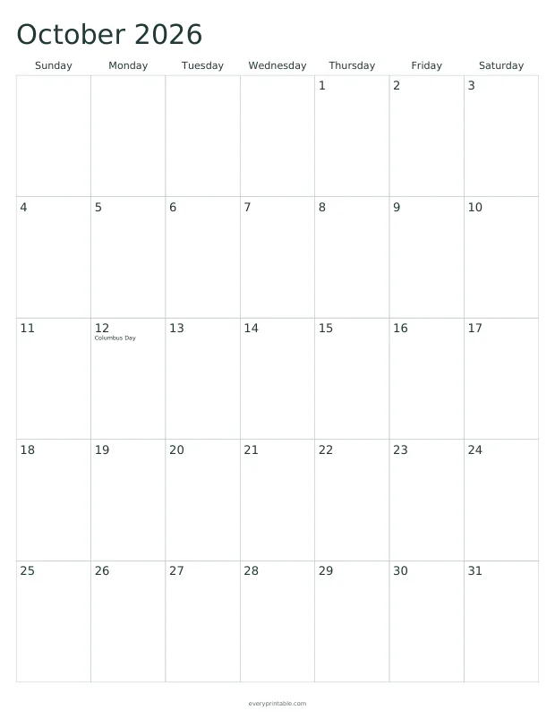 Printable October 2026 calendar page with a seven-column grid and writing room in each day