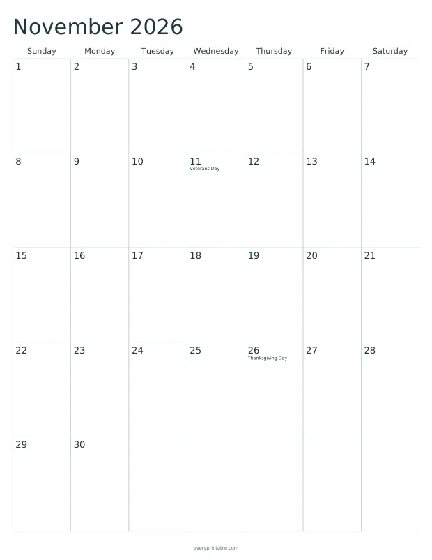 Printable November 2026 calendar page with a seven-column grid and writing room in each day