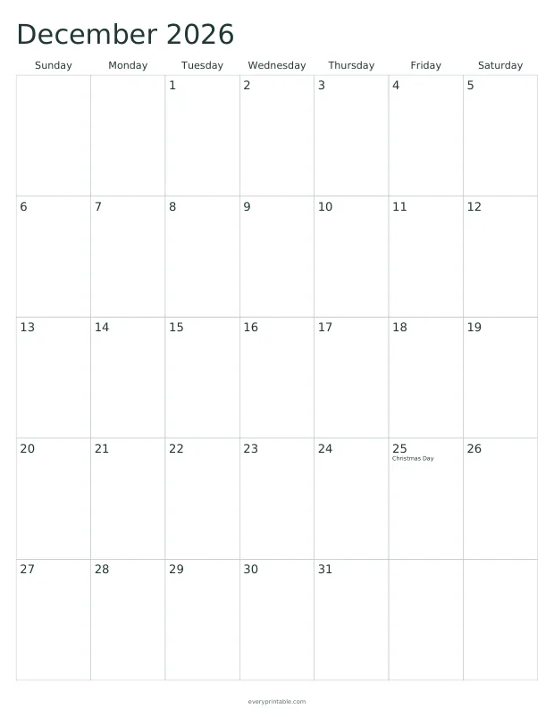 Printable December 2026 calendar page with a seven-column grid and writing room in each day