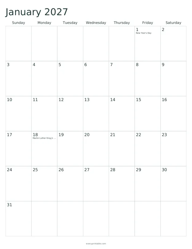 Printable January 2027 calendar page with a seven-column grid and writing room in each day