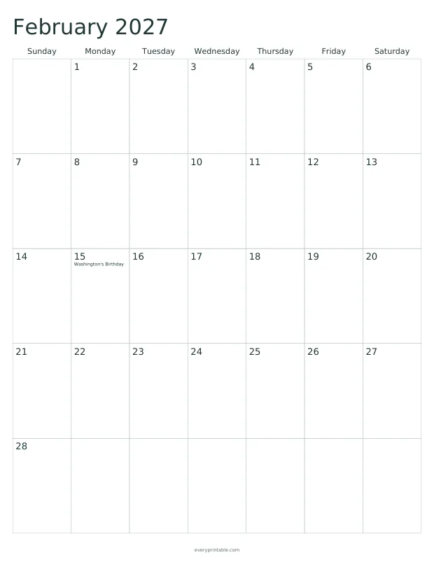 Printable February 2027 calendar page with a seven-column grid and writing room in each day