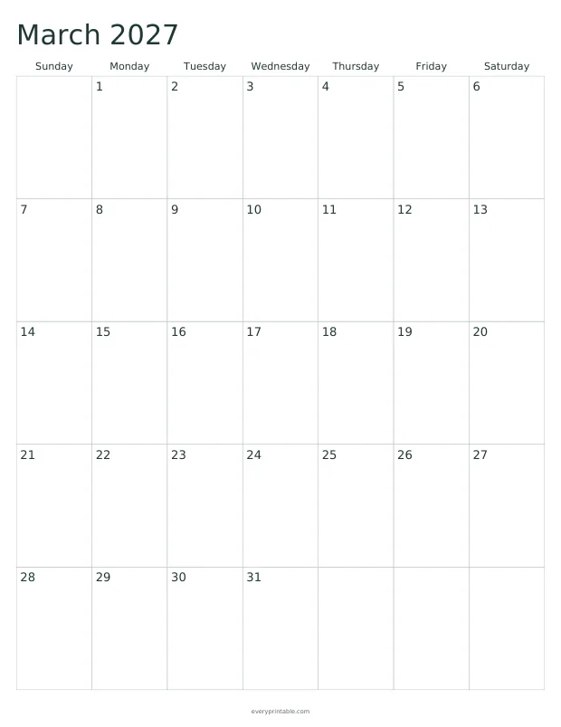 Printable March 2027 calendar page with a seven-column grid and writing room in each day