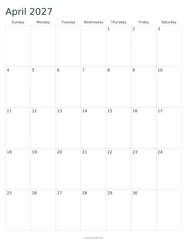 Printable April 2027 calendar page with a seven-column grid and writing room in each day