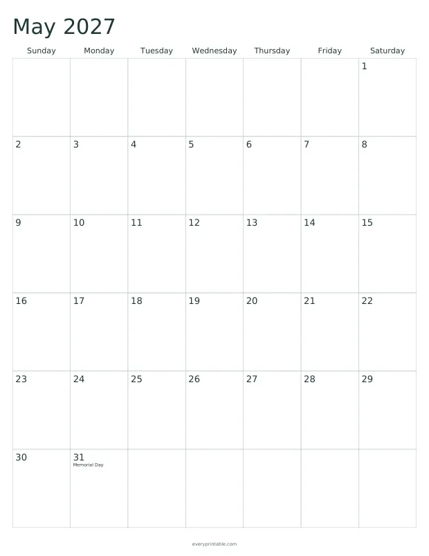 Printable May 2027 calendar page with a seven-column grid and writing room in each day