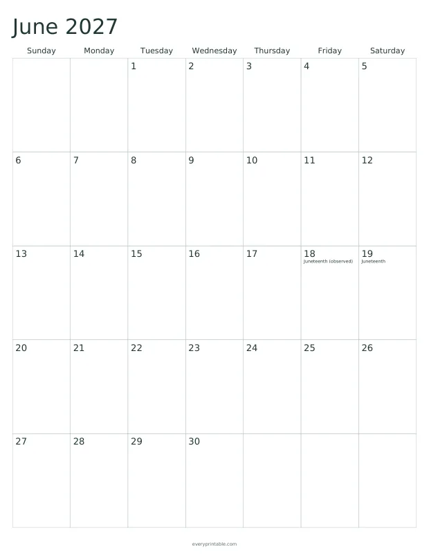 Printable June 2027 calendar page with a seven-column grid and writing room in each day
