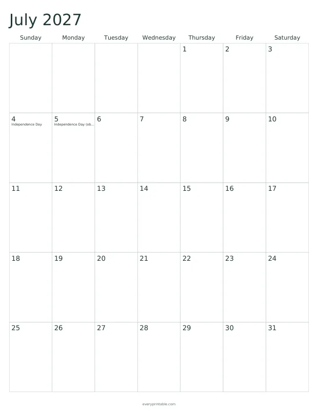 Printable July 2027 calendar page with a seven-column grid and writing room in each day
