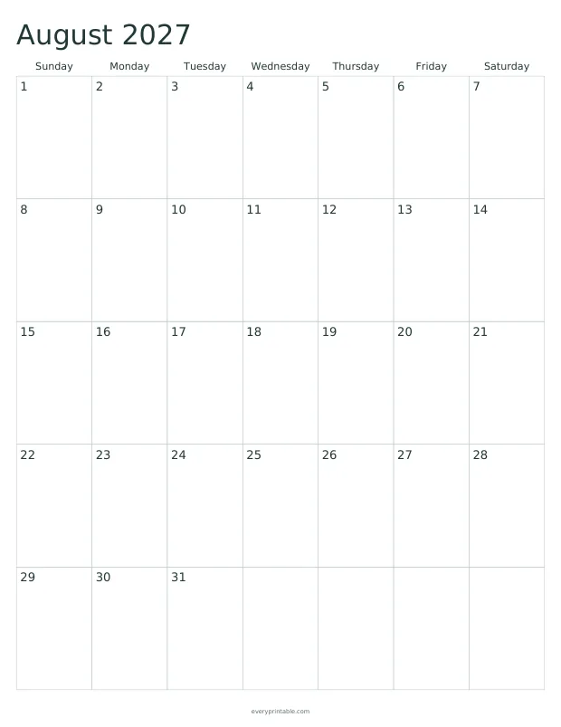 Printable August 2027 calendar page with a seven-column grid and writing room in each day