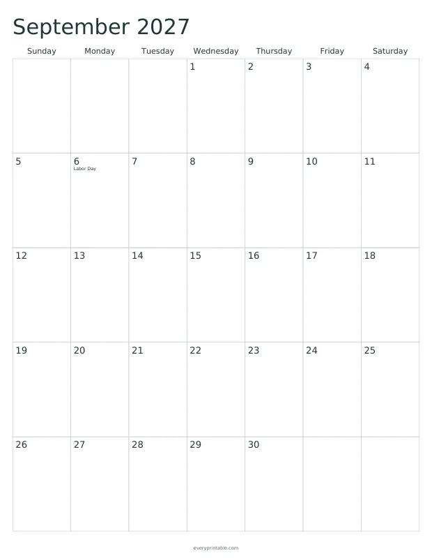 Printable September 2027 calendar page with a seven-column grid and writing room in each day