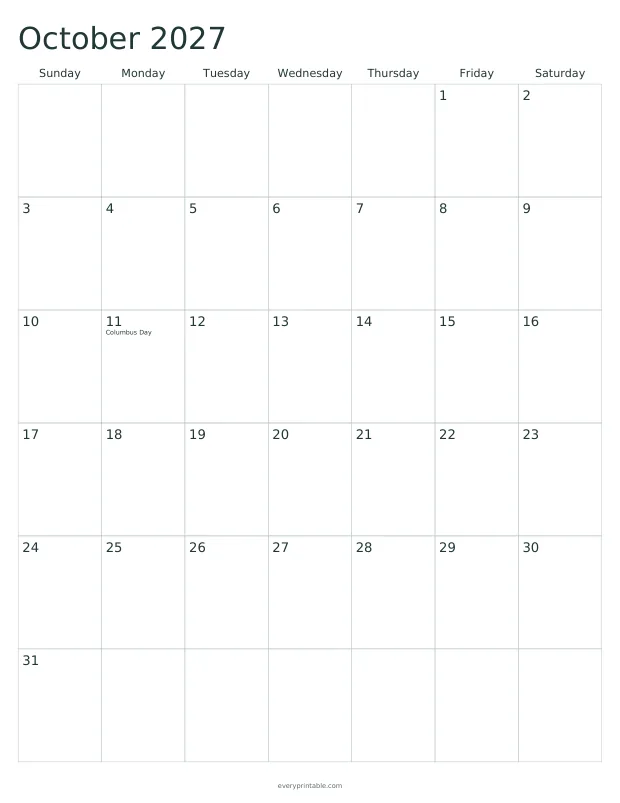 Printable October 2027 calendar page with a seven-column grid and writing room in each day