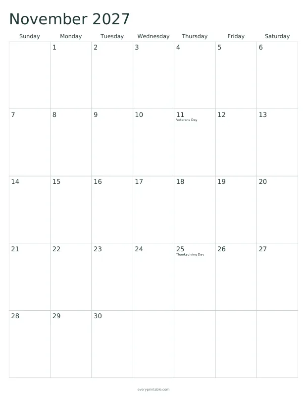 Printable November 2027 calendar page with a seven-column grid and writing room in each day
