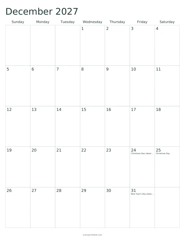 Printable December 2027 calendar page with a seven-column grid and writing room in each day