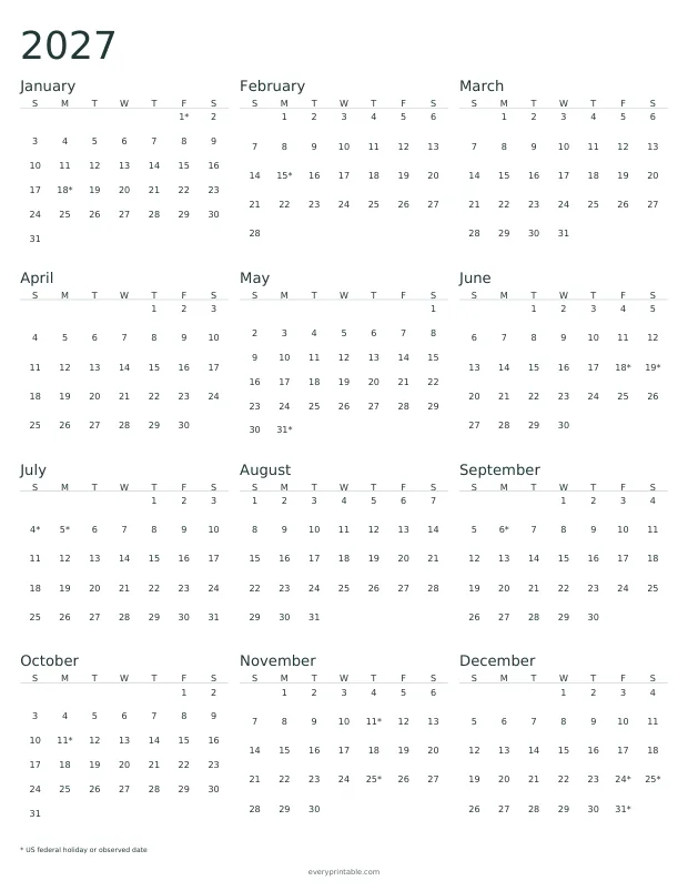 Printable 2027 year-on-a-page calendar showing all twelve months on one sheet