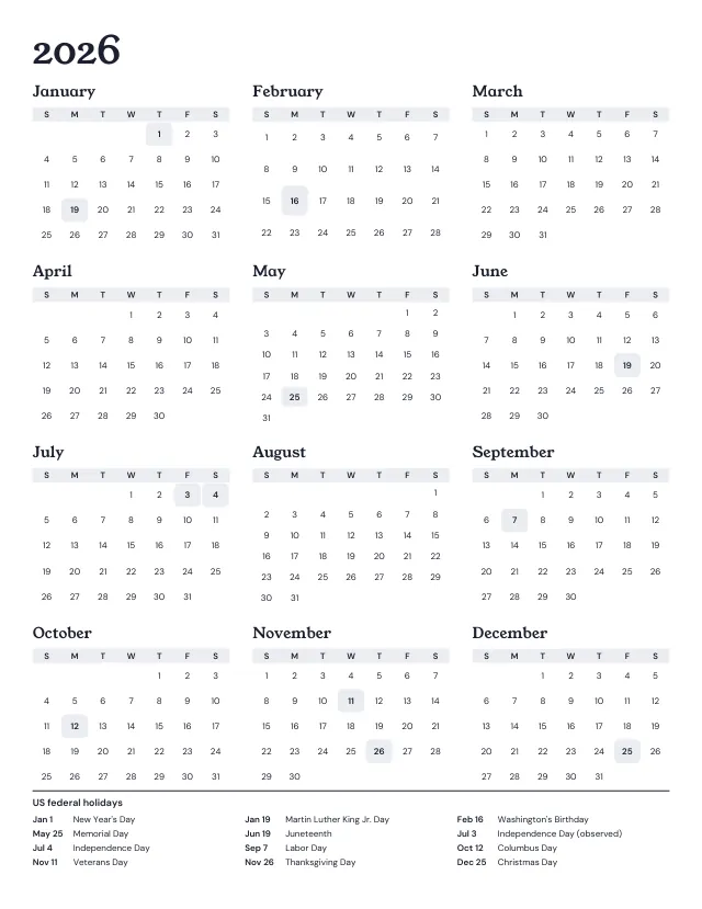 2026 calendar with all twelve months on one page