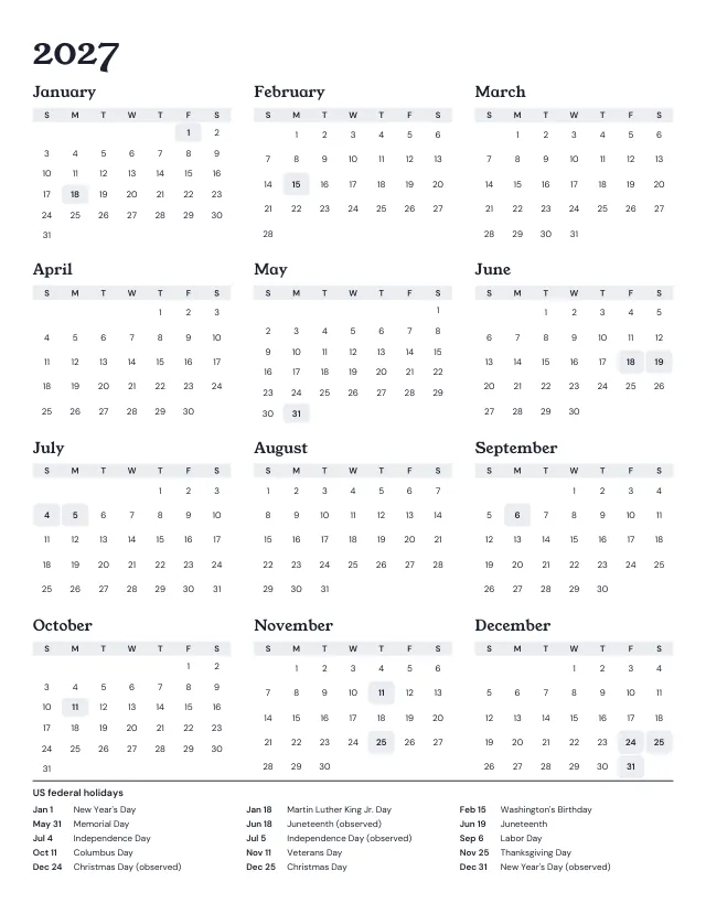 2027 calendar with all twelve months on one page