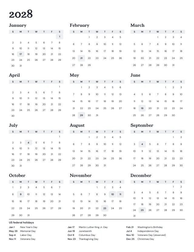 2028 calendar with all twelve months on one page