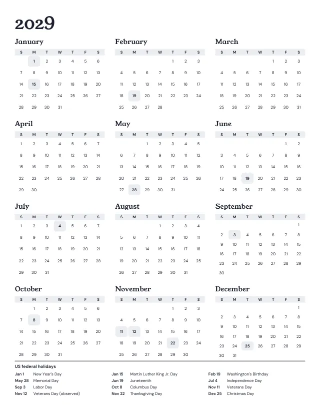 2029 calendar with all twelve months on one page